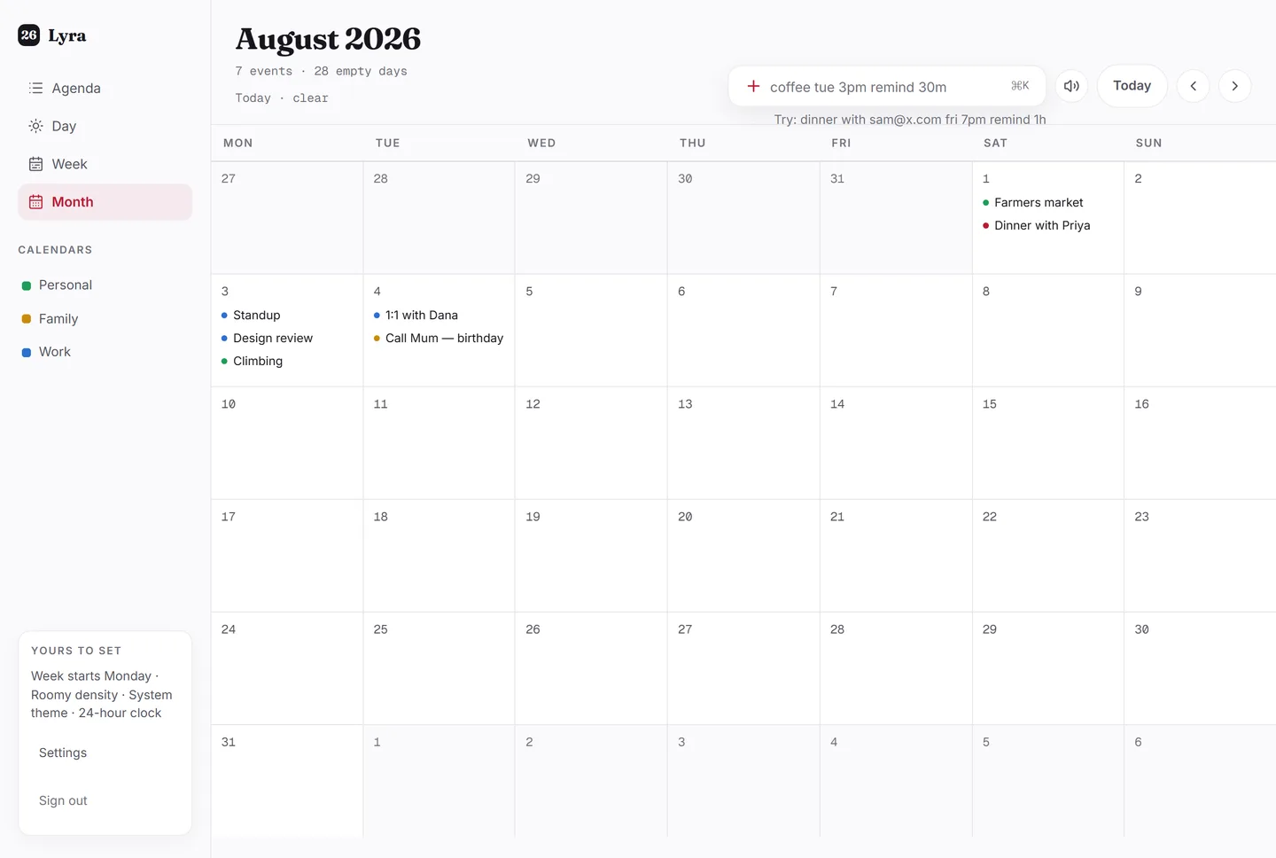 Lyra's month view on a desktop: a seven-column hairline grid for the month, most cells empty, a handful carrying a small coloured dot and an event title.